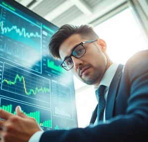 Stock picker analyzing market trends and financial data in a modern office.