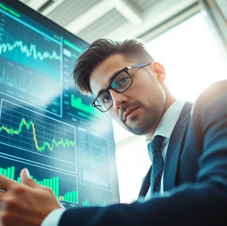 Stock picker analyzing market trends and financial data in a modern office.