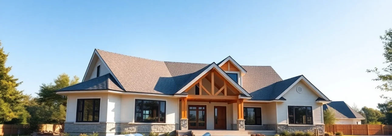 Find custom home builders near me creating a stunning modern home in a vibrant setting.