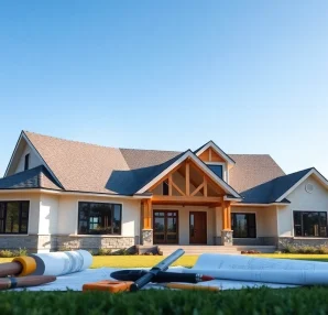 Find custom home builders near me creating a stunning modern home in a vibrant setting.