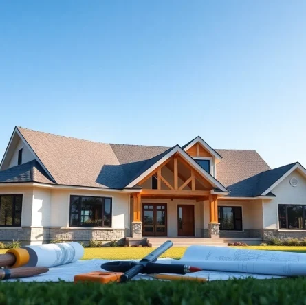 Find custom home builders near me creating a stunning modern home in a vibrant setting.