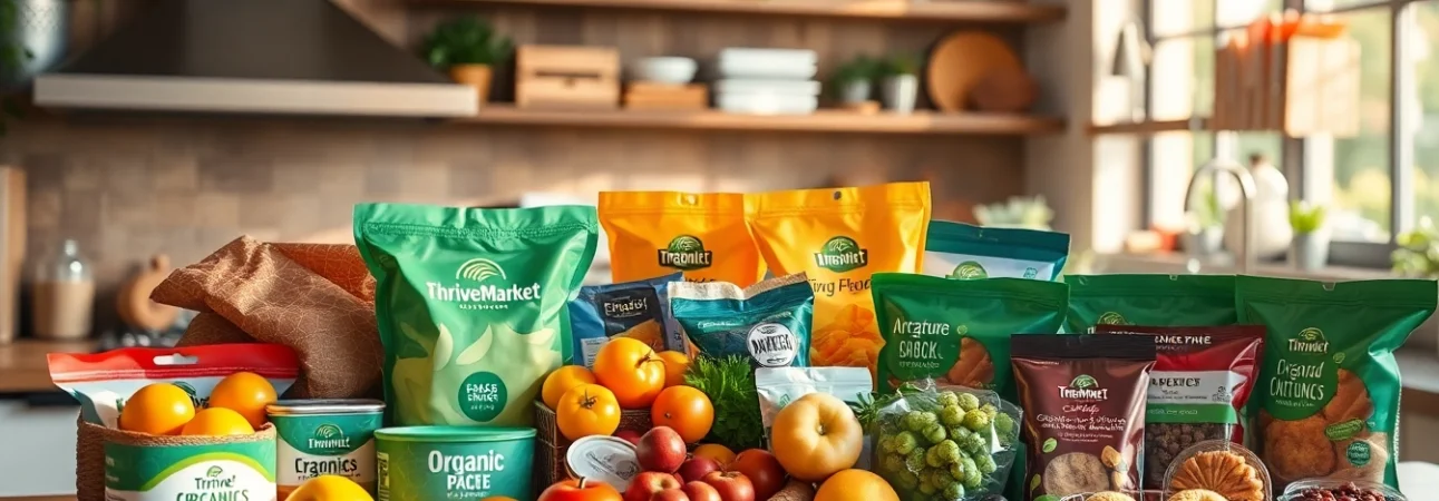 Examine Thrive Market food prices with vibrant organic products in a cozy kitchen setup.