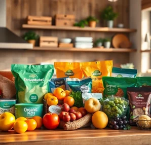 Examine Thrive Market food prices with vibrant organic products in a cozy kitchen setup.