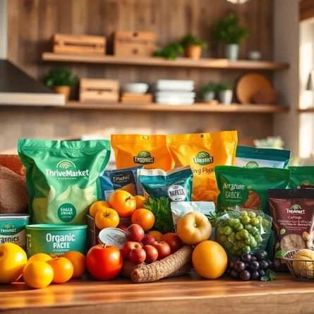 Examine Thrive Market food prices with vibrant organic products in a cozy kitchen setup.