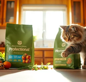 Engaging scene of premium cat food North Vancouver with a curious cat in a cozy kitchen.