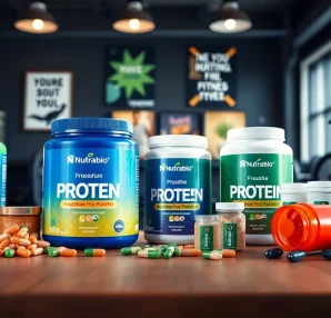Nutrabio fitness supplements presented on a wooden table with vibrant colors and fitness props.