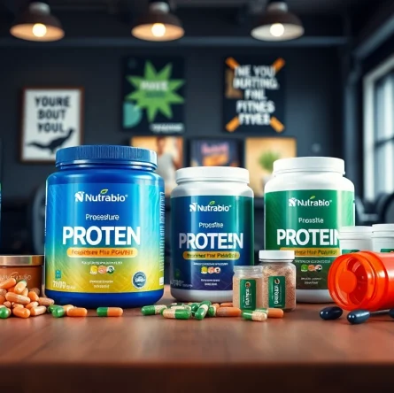 Nutrabio fitness supplements presented on a wooden table with vibrant colors and fitness props.