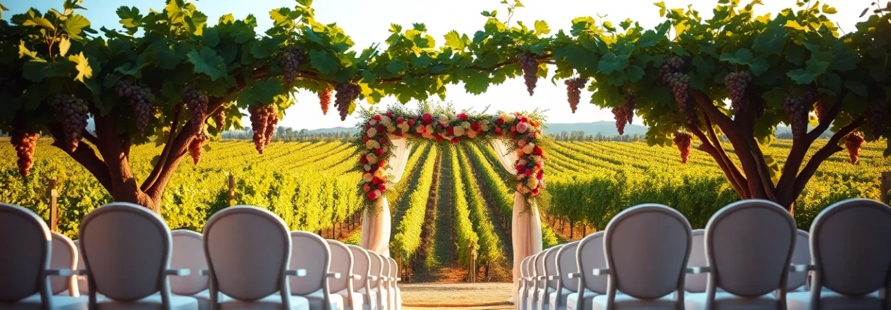 Stunning Clarksburg wedding venues featuring lush vineyards, vibrant florals, and elegant decorations.