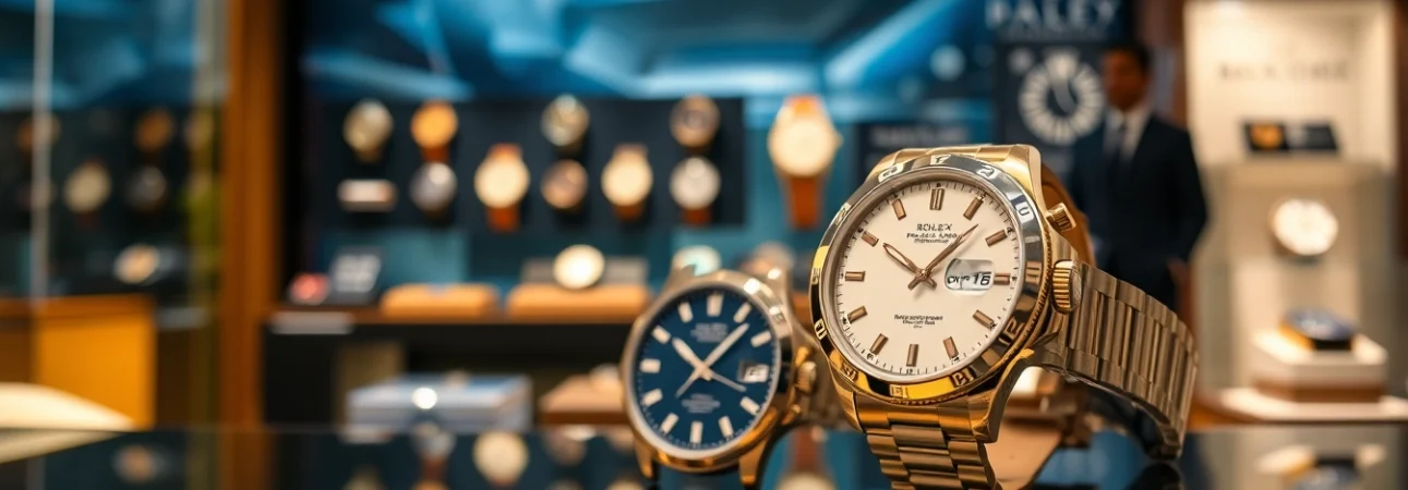 Showcase premium watches at a luxurious retail setting while reflecting how to Sell luxury watch effectively.