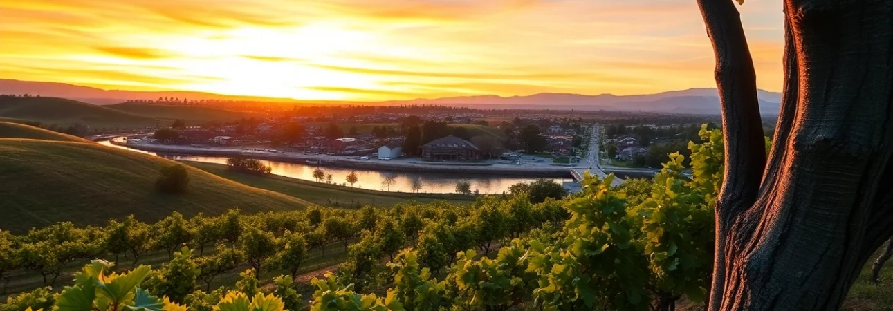 Scenic Clarksburg vineyards in California with golden sunset views over the landscape.