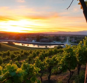 Scenic Clarksburg vineyards in California with golden sunset views over the landscape.