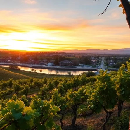 Scenic Clarksburg vineyards in California with golden sunset views over the landscape.