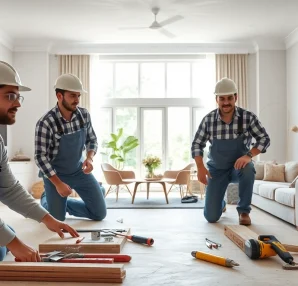Drywall contractors skillfully installing drywall in a bright, modern home.