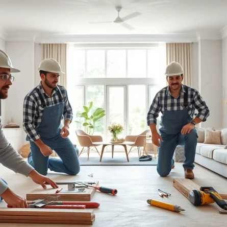 Drywall contractors skillfully installing drywall in a bright, modern home.