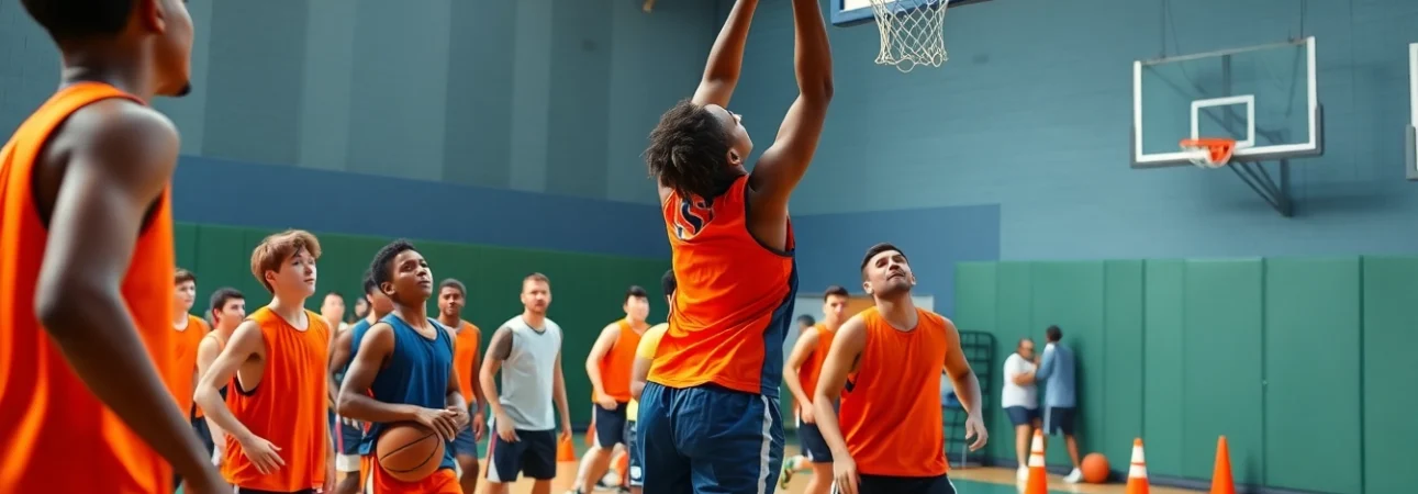 Young athletes training at Takeover Basketball Academy showcasing teamwork and athleticism.