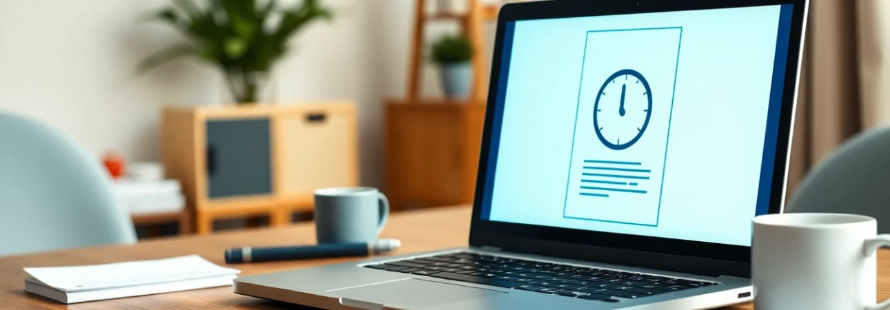 Timestamp document online displayed on a laptop in a bright, organized home office setting.