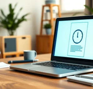 Timestamp document online displayed on a laptop in a bright, organized home office setting.