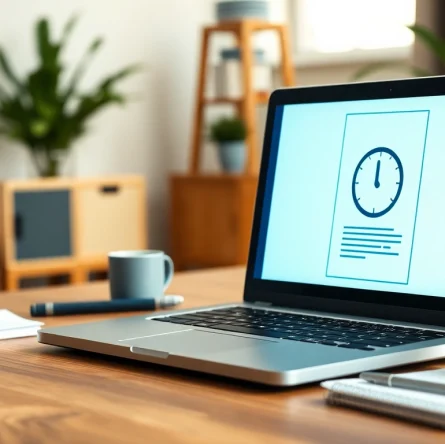 Timestamp document online displayed on a laptop in a bright, organized home office setting.