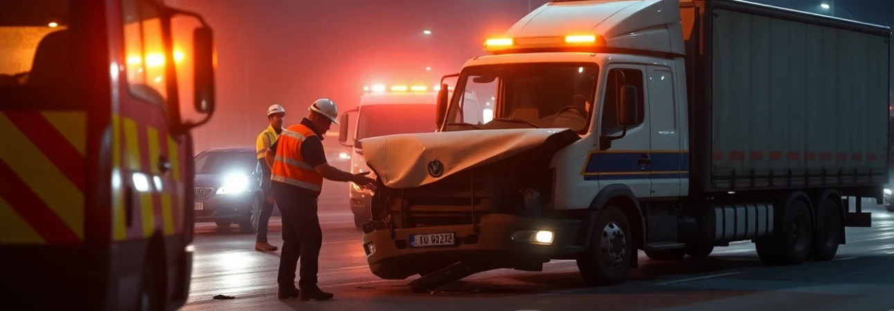Capture the aftermath of a Düzce traffic accident where a pat pat and a truck collided, emphasizing emergency service responses.