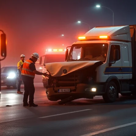 Capture the aftermath of a Düzce traffic accident where a pat pat and a truck collided, emphasizing emergency service responses.