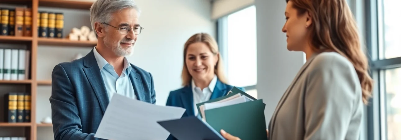 Family lawyers Adelaide assisting clients with legal documents in a professional office setting.