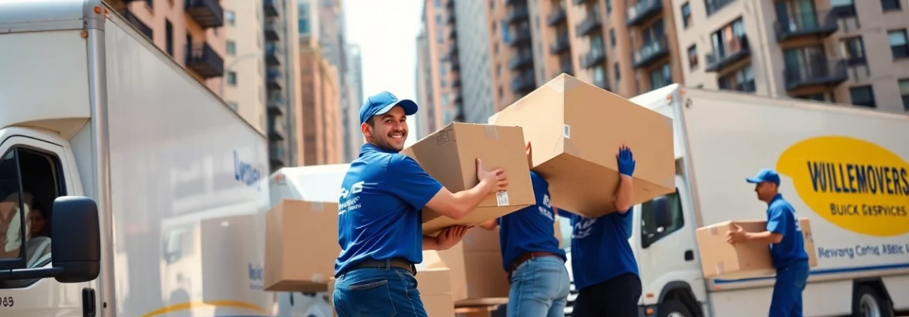 Dynamic scene featuring Queens movers lifting boxes during a busy move in New York City.