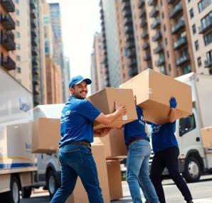 Dynamic scene featuring Queens movers lifting boxes during a busy move in New York City.