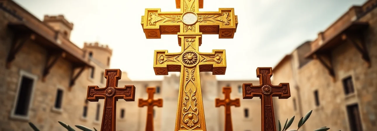 Admire Jerusalem crosses featuring a central large cross surrounded by four smaller crosses.