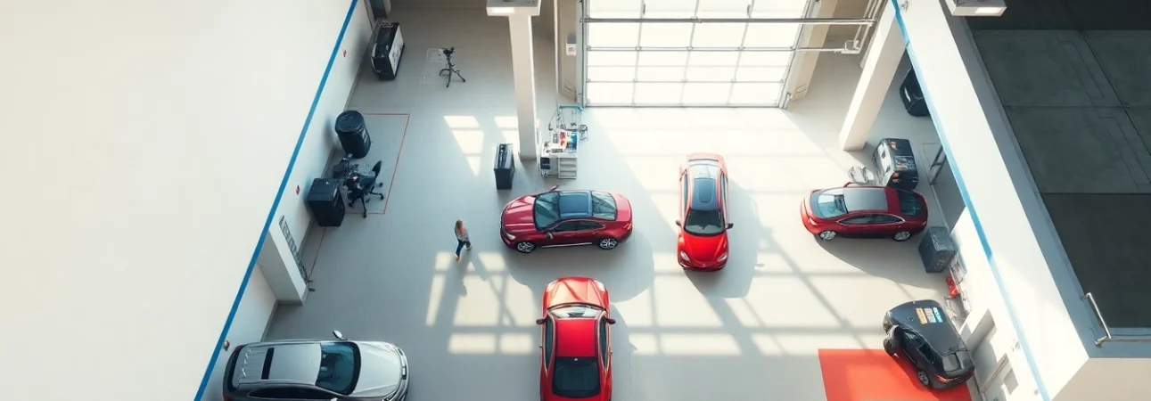 Efficient car service atlanta featuring a modern garage setup and diverse vehicle types for customer convenience.