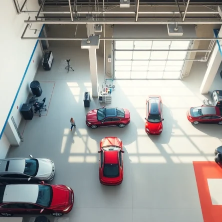Efficient car service atlanta featuring a modern garage setup and diverse vehicle types for customer convenience.