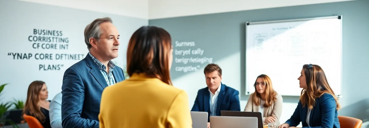 Engaging business coaching service setup fostering teamwork and motivation in an office.