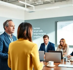 Engaging business coaching service setup fostering teamwork and motivation in an office.