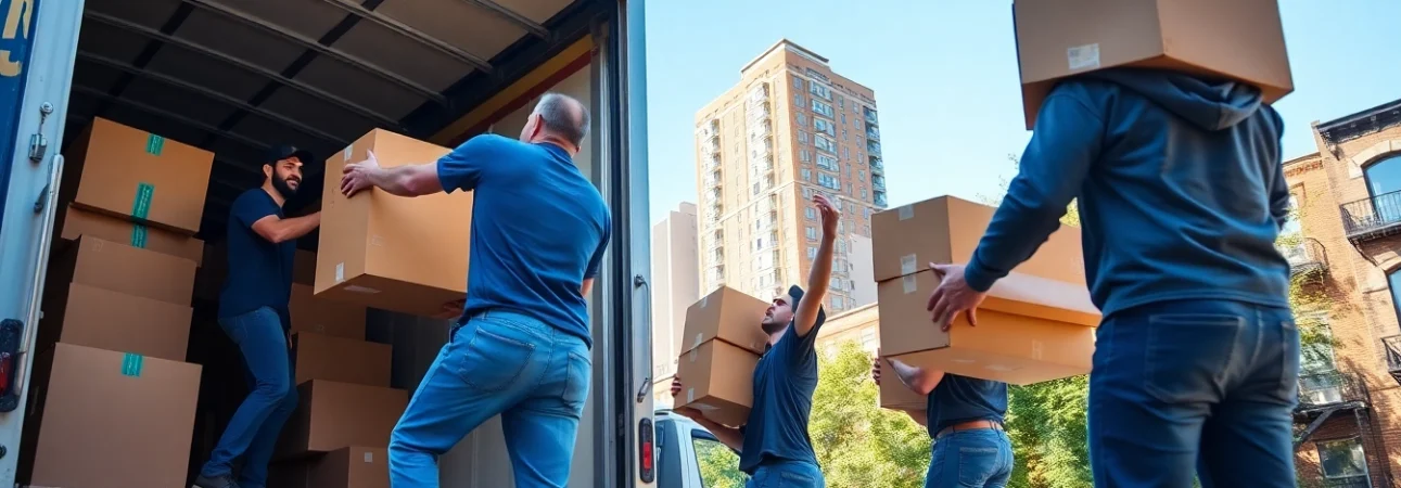 Queens movers expertly transport boxes into a truck in a vibrant New York City setting.