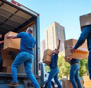 Queens movers expertly transport boxes into a truck in a vibrant New York City setting.