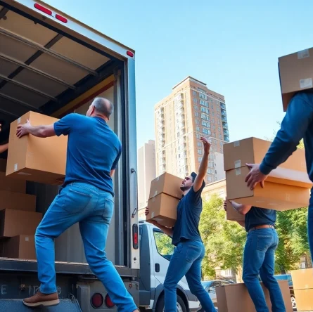 Queens movers expertly transport boxes into a truck in a vibrant New York City setting.