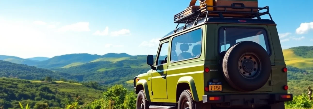 Car rental in Uganda showcasing a vibrant 4x4 in a scenic landscape, inviting adventure.