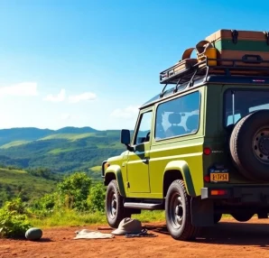 Car rental in Uganda showcasing a vibrant 4x4 in a scenic landscape, inviting adventure.