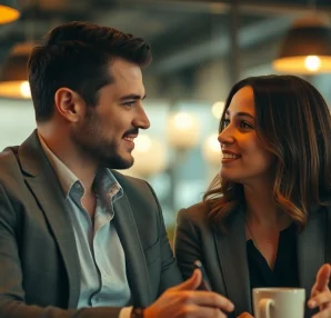 Enhancing communication in relationships through a couple's engaged conversation in a café.