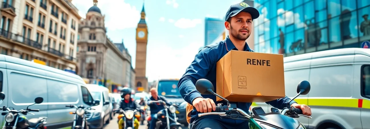 Same day courier service London featuring a diverse fleet of delivery vehicles in action on a bustling street.