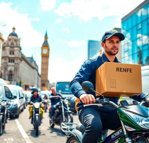 Same day courier service London featuring a diverse fleet of delivery vehicles in action on a bustling street.