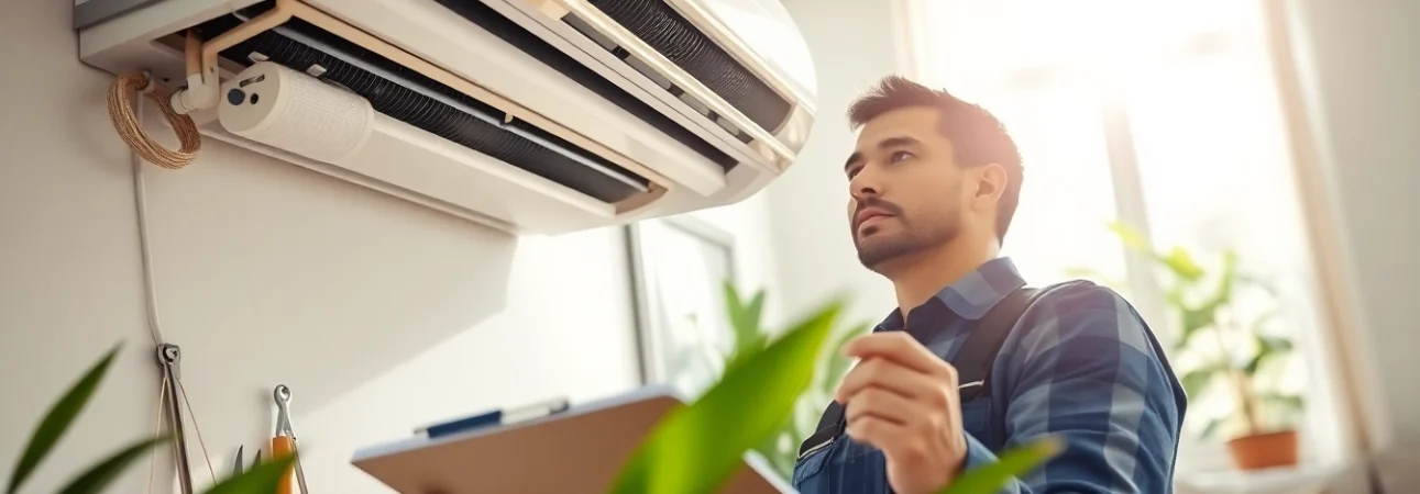 Alberta HVAC dealer technician expertly installs air conditioning system in a sunny residential setting.