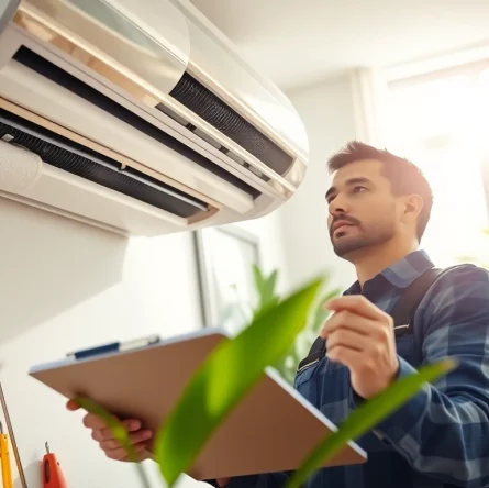 Alberta HVAC dealer technician expertly installs air conditioning system in a sunny residential setting.