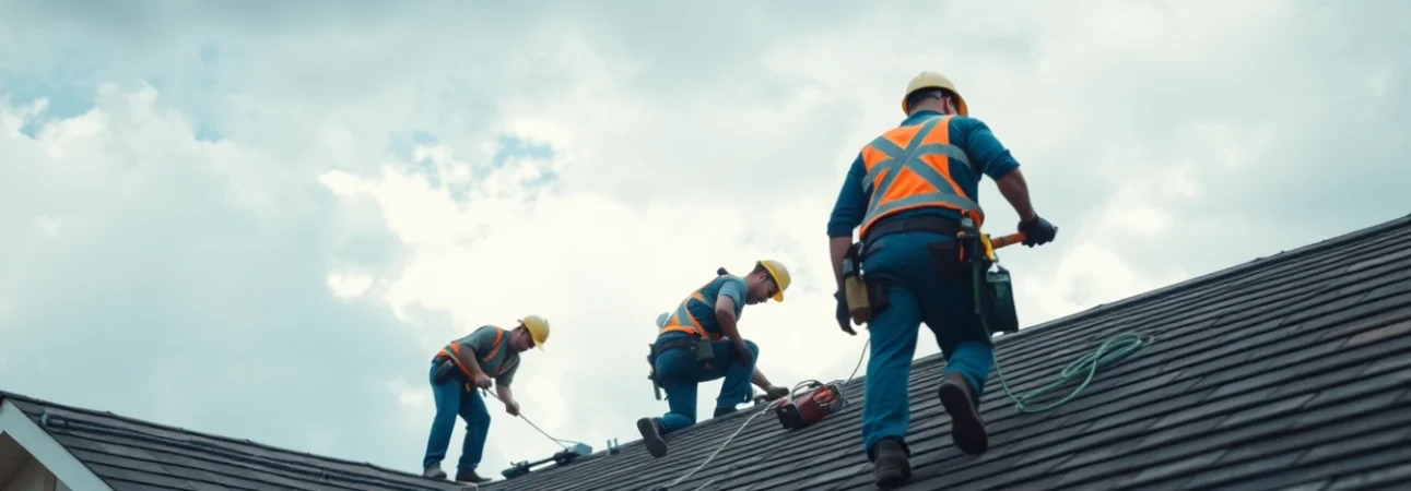 Technicians performing emergency roof repair Texas on a house with cloudy skies indicating urgency.