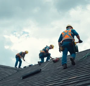 Technicians performing emergency roof repair Texas on a house with cloudy skies indicating urgency.