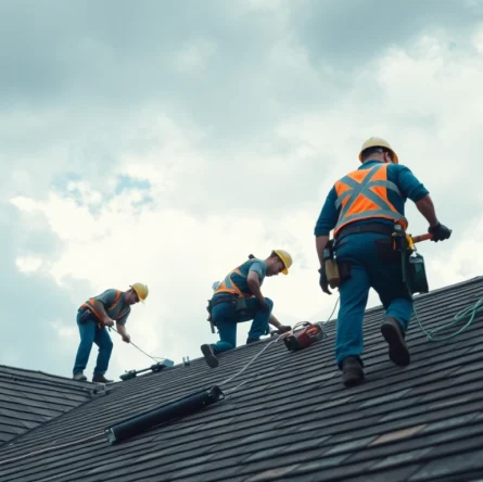 Technicians performing emergency roof repair Texas on a house with cloudy skies indicating urgency.