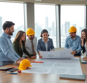 Engaged contractors collaborating on blueprints representing the southern california contractors association.