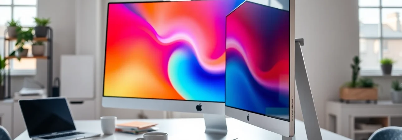 Buy Apple Pro Display XDR in a modern workspace with vibrant colors and sleek design.