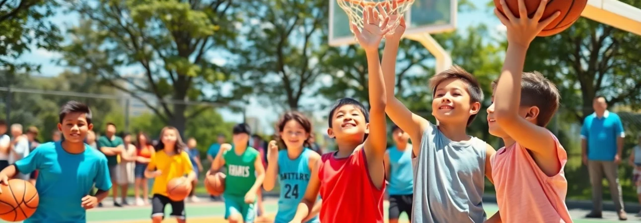 Young basketball enthusiasts practicing skills and teamwork on an outdoor court.