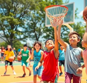 Young basketball enthusiasts practicing skills and teamwork on an outdoor court.