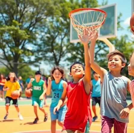 Young basketball enthusiasts practicing skills and teamwork on an outdoor court.